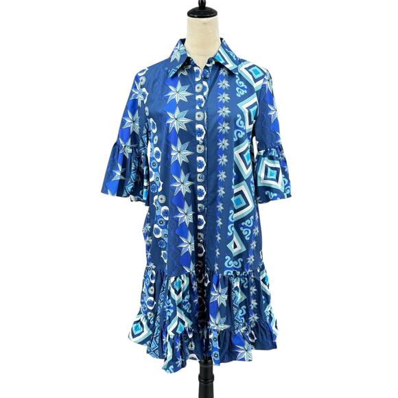 La Double J Choux Costiera Blue Print Flounce Cotton Poplin Mini Shirt Dress - Picture 4 of 16